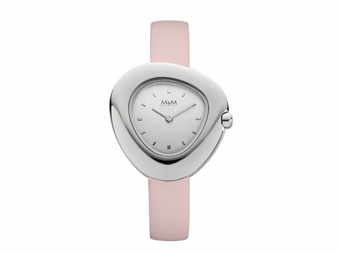 200080-0 Damenuhr M&M M11924-942 PEBBLES mit einem eleganten Design und einem rosa Lederband, silbernem Gehäuse und einem schlichten Zifferblatt, ideal für stilbewusste Frauen.