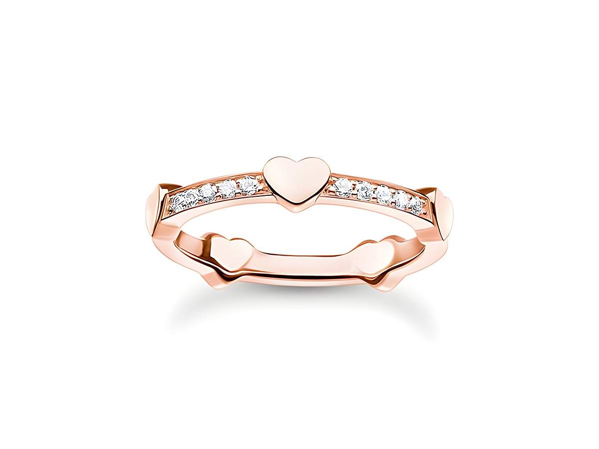 Thomas Sabo Ring TR2391-416-14-48 aus vergoldetem Roségold mit Herzen und Zirkonia, Größe 48, elegant und verspielt, ideal für romantische Anlässe.