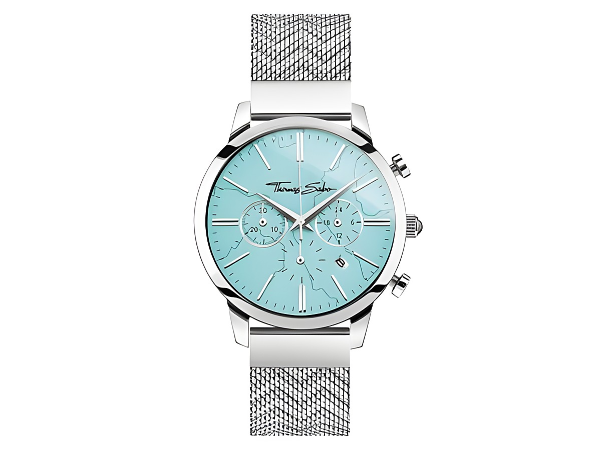 Thomas Sabo Uhr WA0366-201-215-42 mm Unisexuhr mit mintgrünem Zifferblatt, silbernem Edelstahlgehäuse und Milanaise-Armband, zeigt ein elegantes und modernes Design.