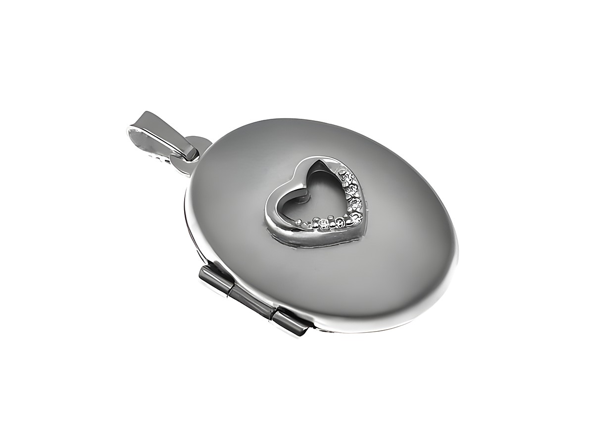 Ovales Medaillon in Herzform mit Zirkonia, mattiert aus Sterling Silber, Hersteller Juwelier Harnisch, bietet eleganten Schmuck in zeitlosem Design.