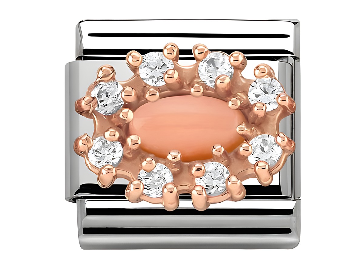 Elegantes Charm aus Roségold mit koralle rosa Zirkonia und einem ovalen roten Stein, in einer ansprechenden Blütenform gestaltet, ideal für Schmuckliebhaber.