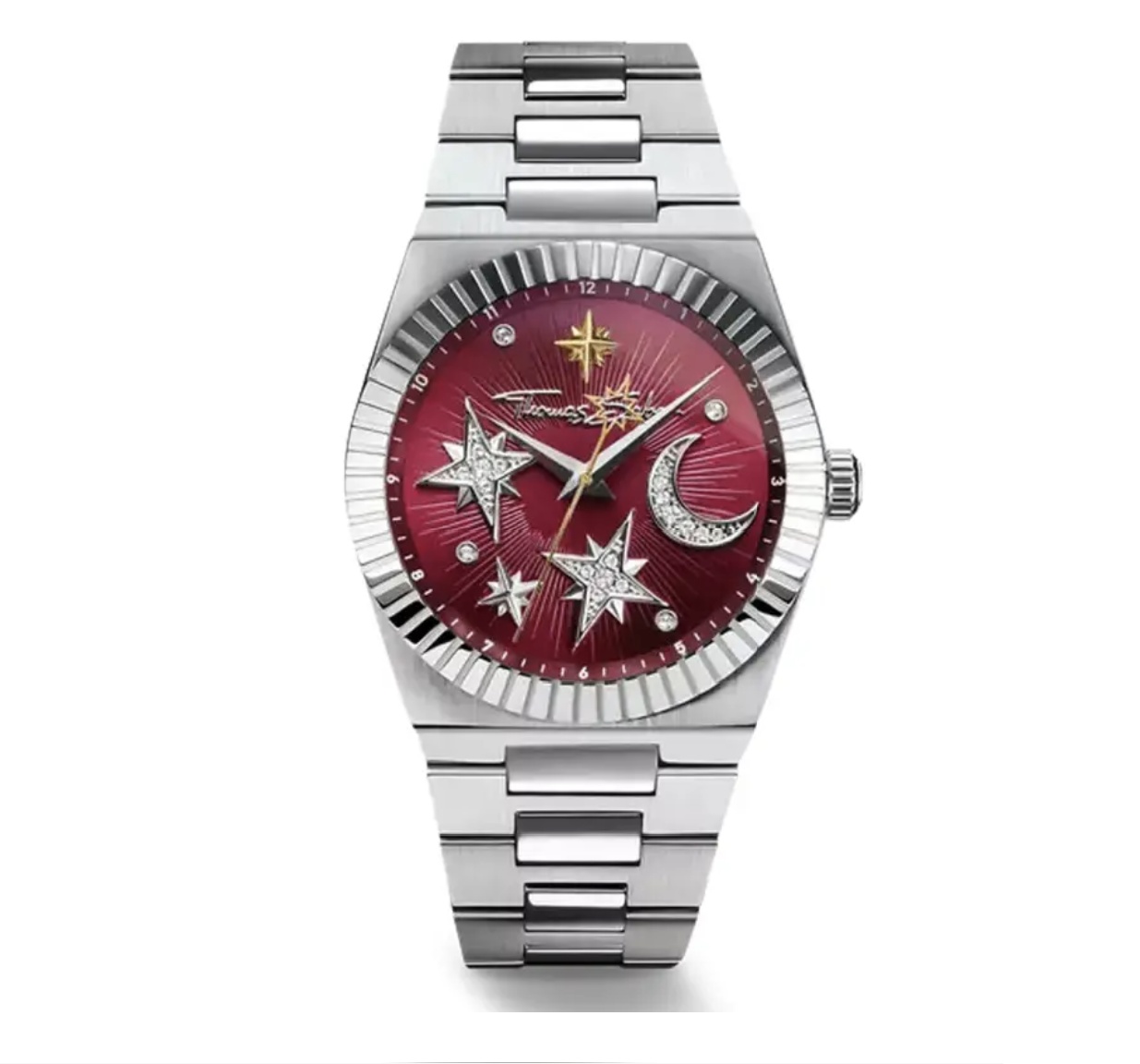 Thomas Sabo Uhr 201-212 Mond und Sterne aus Edelstahl mit einem 39 mm Gehäuse. Das Ziffernblatt ist rot und zeigt Sterne und den Mond mit funkelnden Details. Elegantes Armband im Edelstahl-Look.