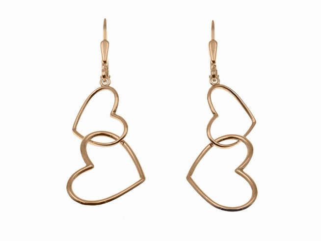 Ohrhänger in Form von zwei ineinander verschlungenen Herzen aus Sterling Silber mit Roségold Vergoldung, Hersteller Juwelier Harnisch, ohne Stein.