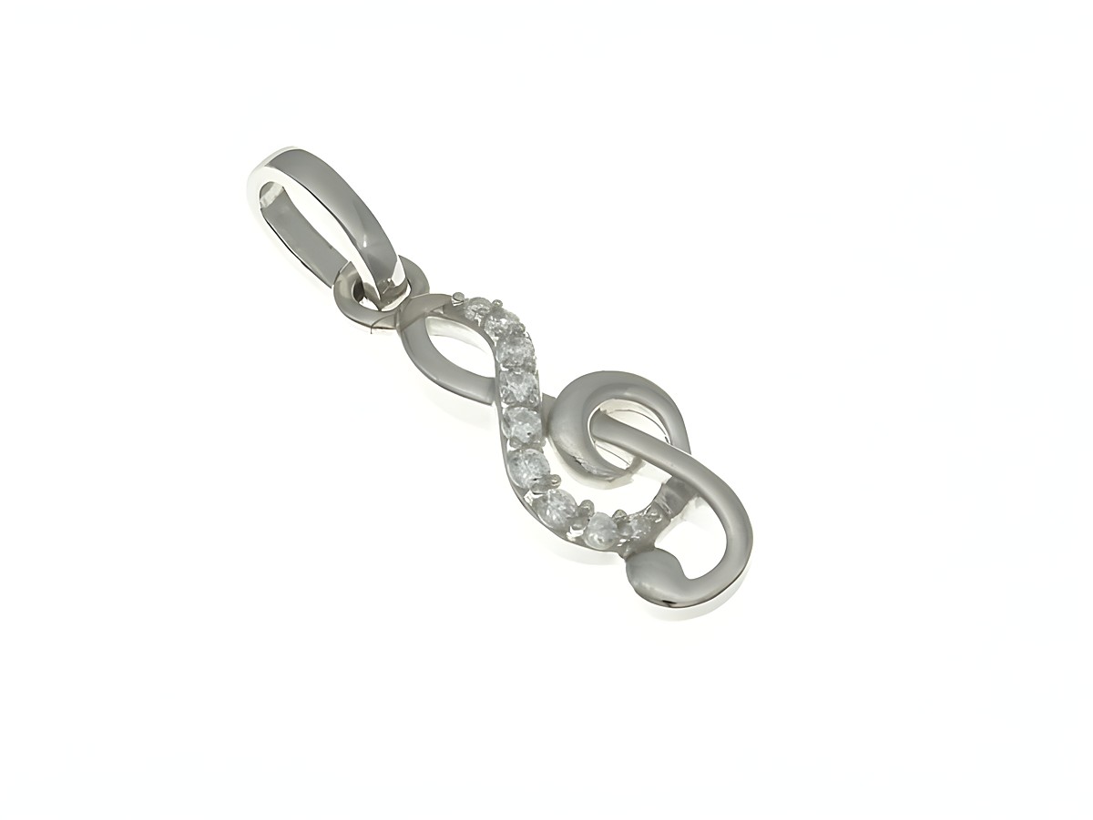 Ein Notenschlüssel Anhänger aus Sterling Silber mit Zirkonia, geeignet für Kinder, von Juwelier Harnisch, elegant gestaltet und perfekt als Geschenk für kleine Musikliebhaber.