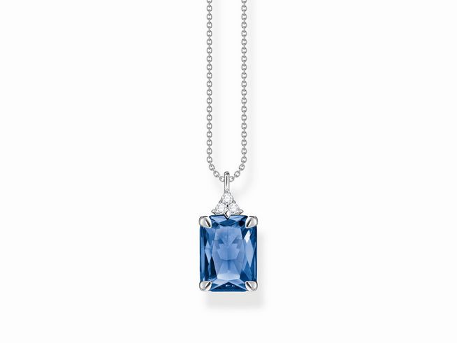 Kette von Thomas Sabo aus Sterling Silber mit einem blauen Glas-Keramik Stein und Zirkonia-Anhänger, Länge 45 cm verstellbar, stilvoll und elegant.
