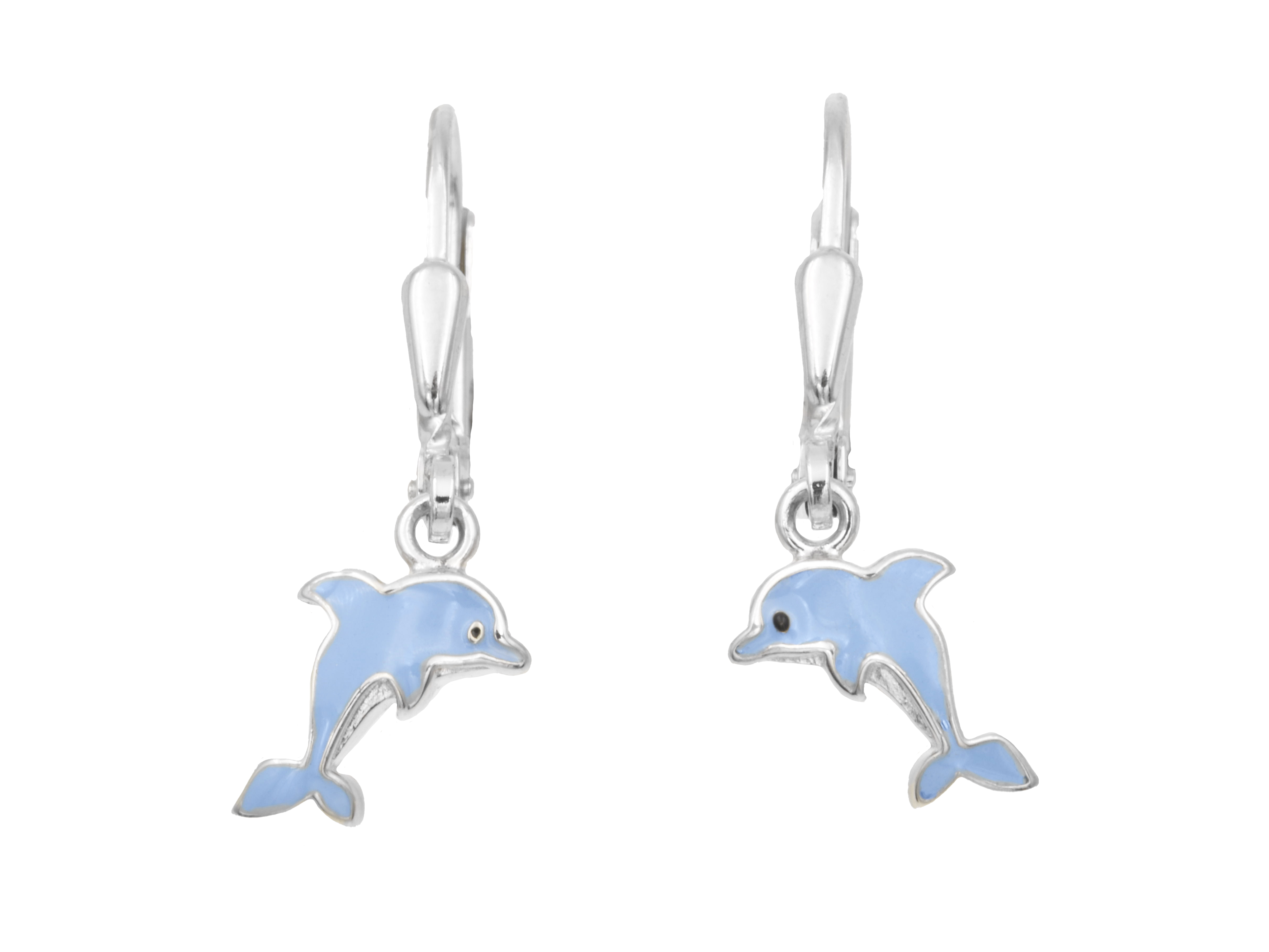 Ohrringe in Form von blauen Delfinen aus Sterling Silber mit rhodiniertem Finish und Emaille. Neuheiten von Juwelier Harnisch, ideal für modebewusste Liebhaber maritimer Designs.