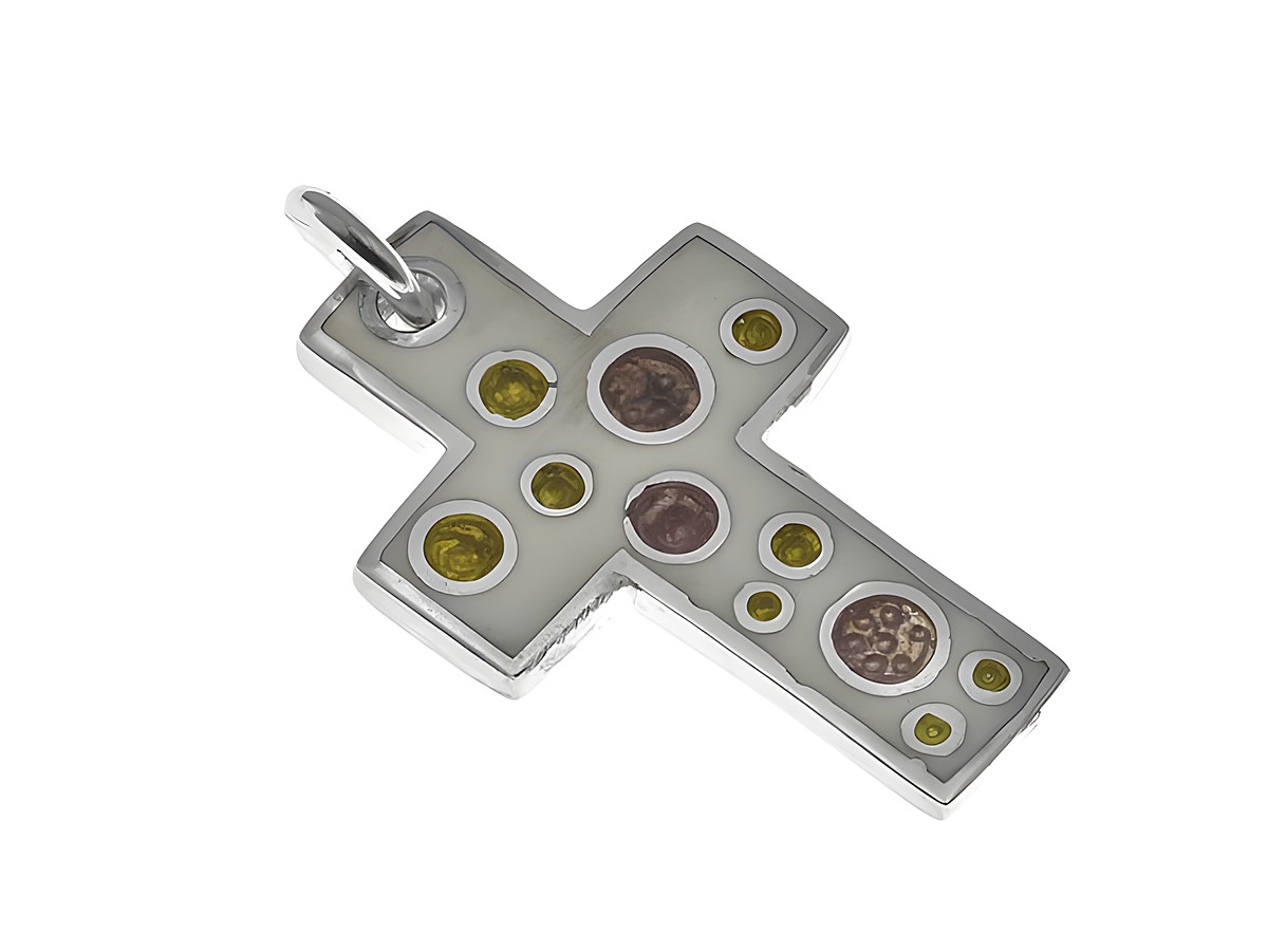 Emailliertes Kreuz aus 3cm Sterling Silber in weiß und bunt, hergestellt von Juwelier Harnisch, mit verschiedenen farbigen Steinen verziert. Ideal als Schmuckstück für besondere Anlässe.