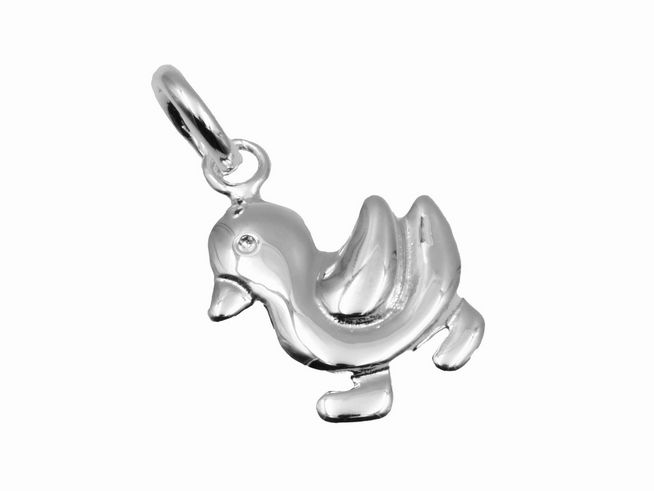 Anhänger Ente aus 925 Sterling Silber, poliert und kindgerecht gestaltet, Hersteller Juwelier Harnisch. Ideal für Kinder als Schmuckstück oder Geschenk.