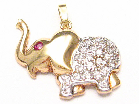 Gold 585 Anhänger in Form eines Elefanten mit Rubin und glitzernden Details, Hersteller Juwelier Harnisch, ideal für Tierliebhaber und Schmuckliebhaber.