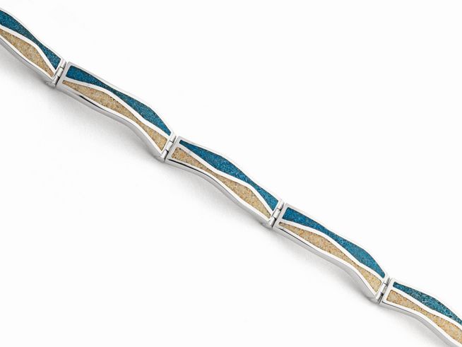 Rhodinierter Sterling Silberarmband von DUR mit geschwungenen Segmenten aus Strandsand und Steinsand in Blau und Beige, Länge 20,5 cm, elegantes und stilvolles Design.
