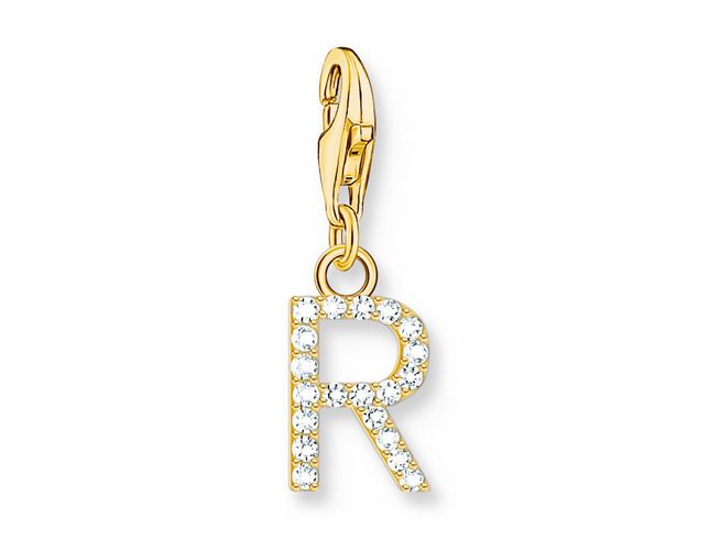 Charm-Anhänger in Form des Buchstabens R aus Silber mit Gelbgoldvergoldung und funkelndem Zirkonia in Weiß, ideal für persönliche Schmuckstücke.