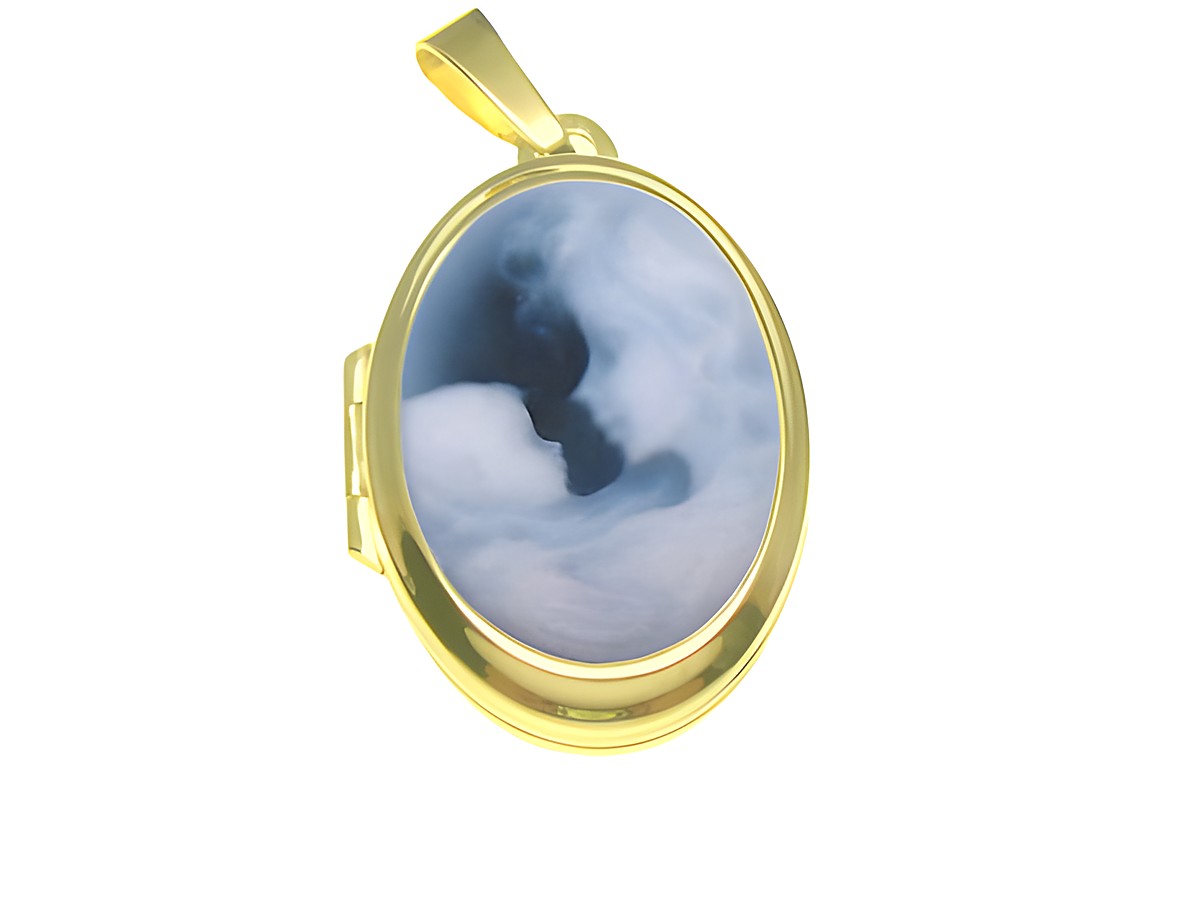 Medaillon aus Gold 750 mit Achat Gemme, das eine Mutter mit Kind darstellt. Hersteller: Juwelier Harnisch. Elegant gearbeitet, ideal als Schmuckstück oder Geschenk.