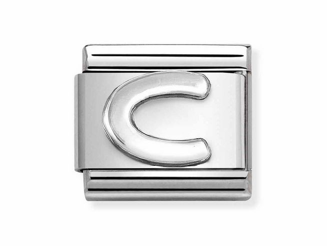 Edelstahl Buchstabe C von Nomination CLASSIC in Silber oxidiert, mit polierter Oberfläche und zwei horizontalen Rillen, ideal für personalisierte Schmuckstücke.