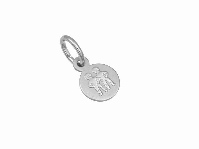 Silber Anhänger mini Sternzeichen Zwilling teilmattiert rhodiniert rund von Juwelier Harnisch mit graviertem Zwillinge Symbol in der Mitte, ideal als Schmuckstück oder Geschenk.