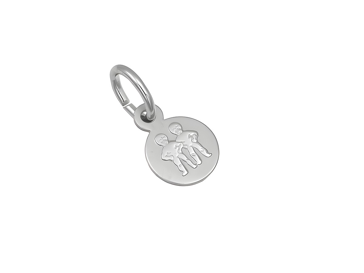 Silber Anhänger mini Sternzeichen Zwilling teilmattiert rhodiniert rund von Juwelier Harnisch mit graviertem Zwillinge Symbol in der Mitte, ideal als Schmuckstück oder Geschenk.