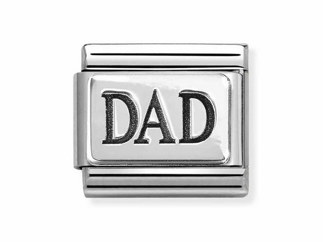 Elegante Emaille Charm mit der Aufschrift Dad aus Sterling Silber und Edelstahl in Schwarz, ideal als Geschenk für Väter und für die Nomination Classic Kollektion geeignet.