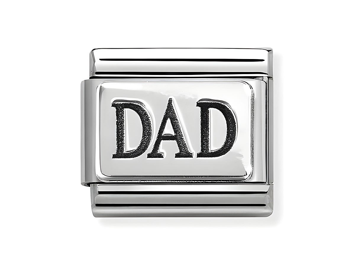 Elegante Emaille Charm mit der Aufschrift Dad aus Sterling Silber und Edelstahl in Schwarz, ideal als Geschenk für Väter und für die Nomination Classic Kollektion geeignet.