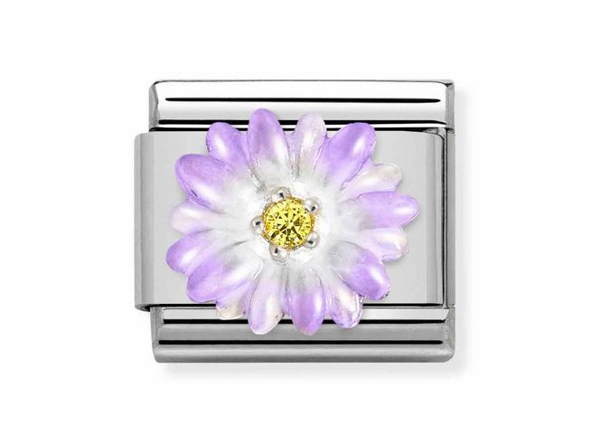 433032103-0 Charm von Nomination aus Edelstahl und Sterling Silber mit einer violetten Blume und einem gelben Stein in der Mitte. Ideal für persönliche Schmuckstücke und kreative Designs.