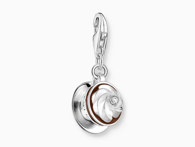 Charm-Anhänger von Thomas Sabo mit dem Design einer Wiener Melange aus silbernem geschwärztem Metall und brauner Emaille, verziert mit Zirkonia, neu und stilvoll.