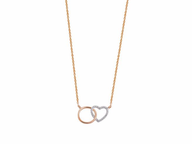 Sichtbare Kette aus Xenox Sterling Silber, Modell XS3611R in Roségold Vergoldung, mit einem runden Anhänger und einem herzförmigen Anhänger, Länge 40-45 cm, ideal für romantische Anlässe.