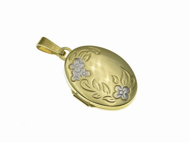 Gold Medaillon oval mit floralen Muster in bicolor, Hersteller Juwelier Harnisch, elegantes Design und feine Details, ideal als Schmuckstück oder Geschenk.