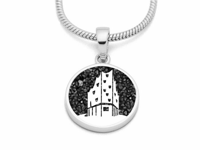 DUR Anhänger mit Motiv der Elbphilharmonie in Hamburg, Lavasand-Hintergrund, aus rhodiniertem Sterlingsilber, Hersteller DUR, für stilvollen Ohrschmuck.