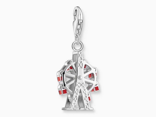 Charm-Anhänger von Thomas Sabo in Form eines Riesenrads aus Silber und roter Emaille, detailreiche Gestaltung mit glänzender Oberfläche, perfekt für kreativen Schmuck.