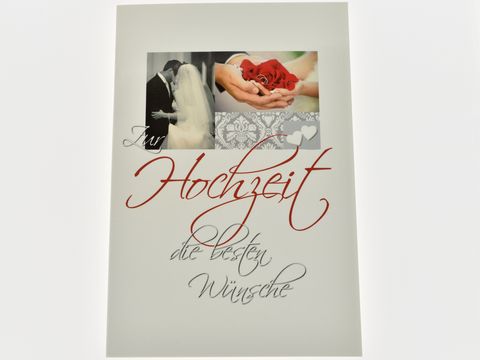 Hochzeitskarte mit der Aufschrift zur Hochzeit die besten Wünsche, dekoriert mit Schnappschüssen von der Liebe, elegant gestaltet von Juwelier Harnisch, ideal zum Verschenken.