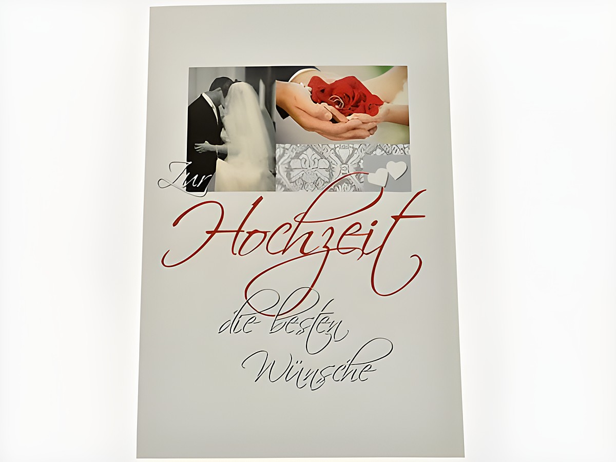 Hochzeitskarte mit der Aufschrift zur Hochzeit die besten Wünsche, dekoriert mit Schnappschüssen von der Liebe, elegant gestaltet von Juwelier Harnisch, ideal zum Verschenken.
