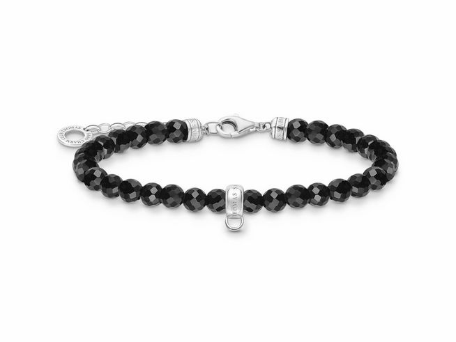 Armband von Thomas Sabo aus Silber mit schwarzen Achat-Steinen, handgefertigt, Länge 16 bis 19 cm, elegant und stilvoll, ideale Ergänzung für jedes Outfit.