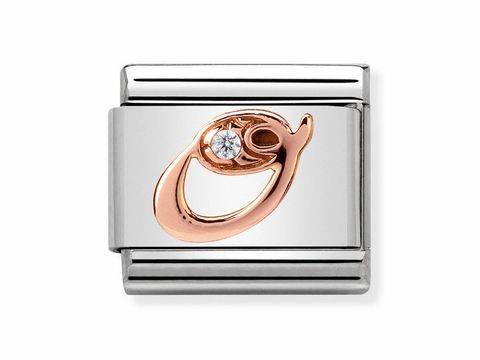 Composable Classic O von Nomination zeigt einen silbernen Charm mit einem roséfarbenen Buchstaben O und einem funkelnden Stein. Ideal für personalisierte Schmuckstücke.