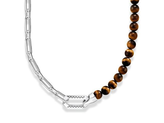Silberne Kette mit Tigeraugensteinen in Braun, kombinierte Glieder und Perlen, individuell einstellbare Länge von 50 bis 55 cm, aus der Rebel at Heart Kollektion von Thomas Sabo.