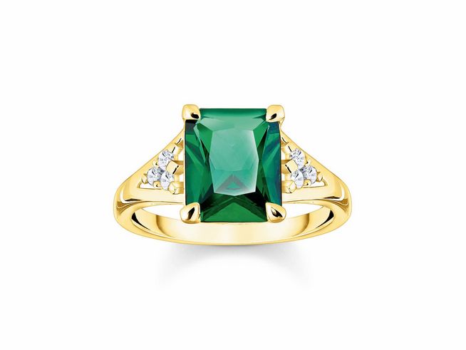 Ring aus vergoldetem Silber mit grünem Oktagon-Glas-Keramik Stein und Zirkonia in der Größe 56 von Thomas Sabo. Elegantes Design mit funkelnden Details.