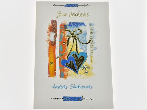 Hochzeitskarte mit bunten Herzen und goldenen Akzenten, gestaltet von Juwelier Harnisch, mit der Aufschrift zur Hochzeit und herzliche Glückwünsche.
