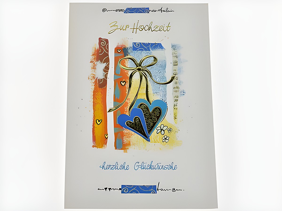 Hochzeitskarte mit bunten Herzen und goldenen Akzenten, gestaltet von Juwelier Harnisch, mit der Aufschrift zur Hochzeit und herzliche Glückwünsche.