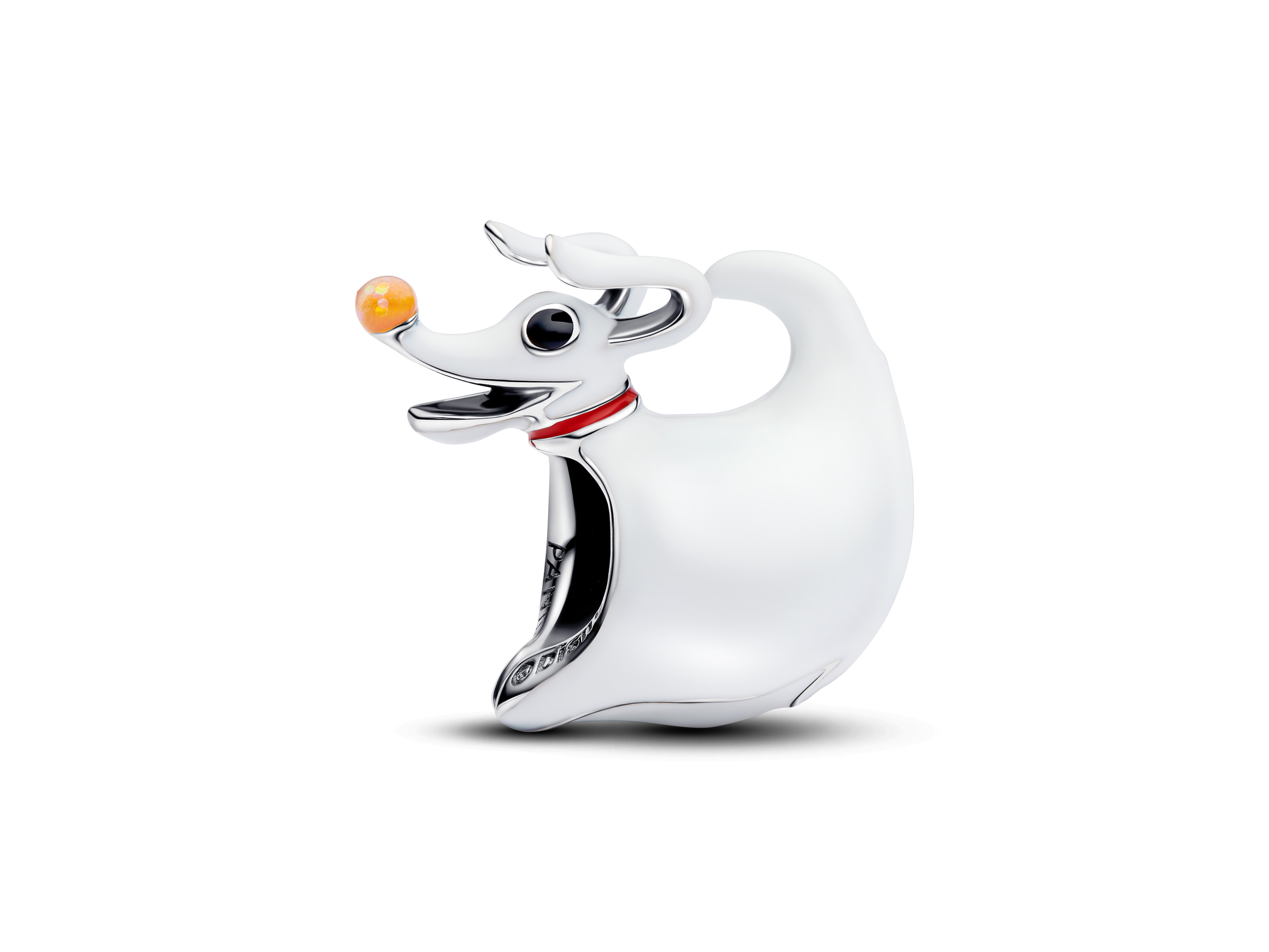 Charm in Form von Zero, dem Hund aus Disney's Nightmare Before Christmas, aus Sterling Silber mit Emaille, präsentiert ein fröhliches Design mit leuchtender Nase und rotem Halsband.