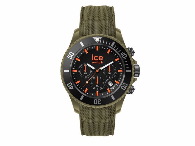 Ice Watch ICE chrono in Khaki orange, große Ausführung mit grünem Textilarmband, schwarzem Zifferblatt und orangenen Akzenten, ideal für sportliche Anlässe.