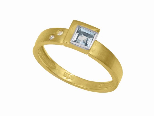 Gelbgold Ring charmant Gelbgold 585 mit blauem Topas und zwei Diamanten 0,02 ct w-p1 Größe 56 Hersteller Juwelier Harnisch bis Größe 56/18.