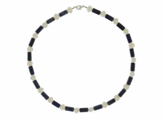 Steinkette aus Lapislazuli und Süßwasser-Zuchtperlen in blau und weiß, 42 cm lang, mit Silberverschluss, Hersteller Juwelier Harnisch, Steinketten.