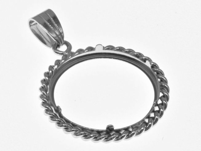 Münzfassung Anhänger aus 925 Sterling Silber rhodiniert mit Kordelgestaltung, für Münzen bis 22,5 mm Durchmesser, geeignet für bis zu 2,5 cm große Münzen, Hersteller Juwelier Harnisch.