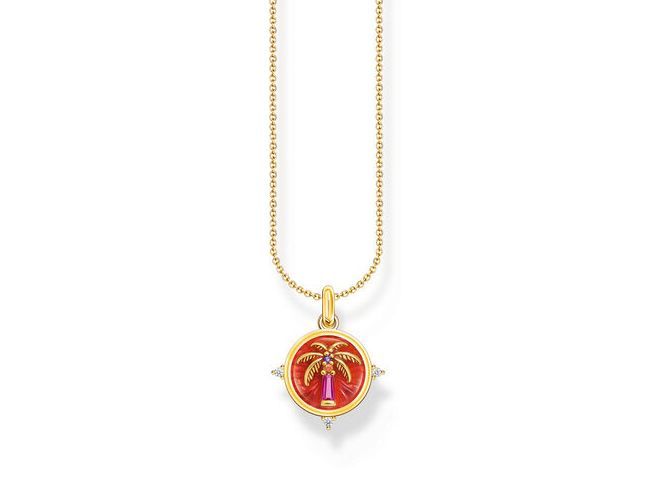 Silberne Kette von Thomas Sabo mit einem Anhänger in Gelbgold vergoldet, der Palmen zeigt, ideal für Festival Vibes, verstellbar von 40 bis 45 cm.