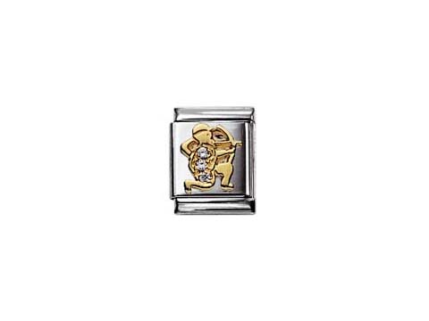 Ein charmantes Armbandglied aus Edelstahl mit goldfarbenem Schütze-Symbol und Zirkonia, passend für Nomination Kreationen, verbunden mit einem Hauch von Eleganz und Persönlichkeit.