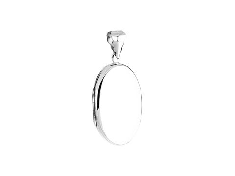Klassisches Silber Medaillon in ovaler Form, Halsschmuck des Herstellers Juwelier Harnisch. Das Medaillon ist elegant und schlicht gestaltet, ideal für persönliche Gravuren.