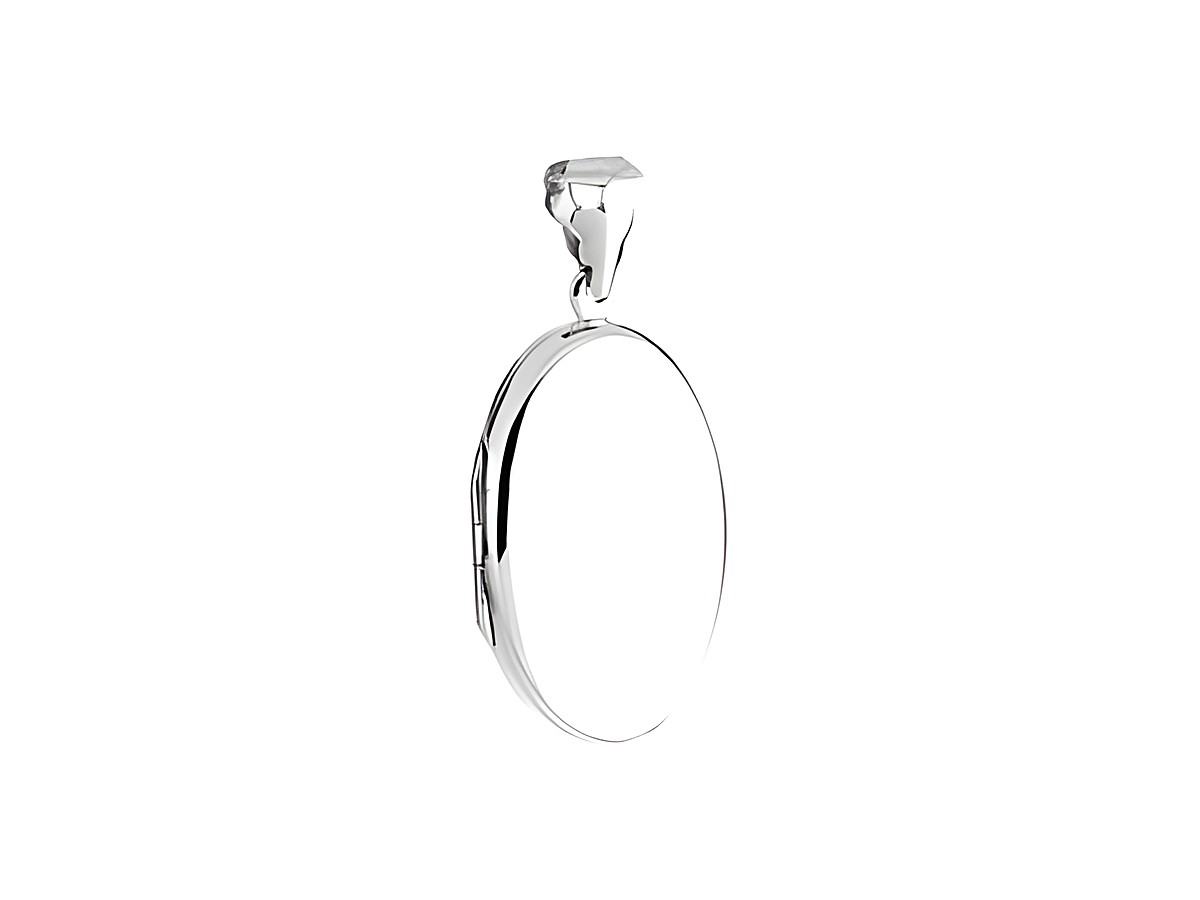 Klassisches Silber Medaillon in ovaler Form, Halsschmuck des Herstellers Juwelier Harnisch. Das Medaillon ist elegant und schlicht gestaltet, ideal für persönliche Gravuren.
