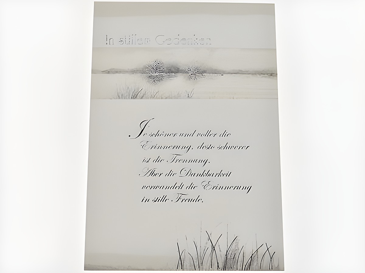 Trauerkarte in grauer Zeichnung mit einem ruhigen Landschaftsmotiv und der Schrift „In stiller Gedenken“. Der Text behandelt die Erinnerung und den Abschied von einem lieben Menschen.