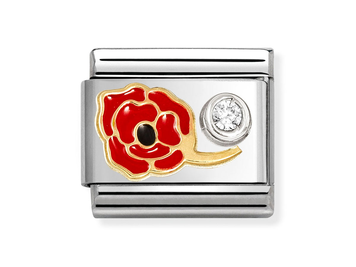 Element in 585 Gelbgold, Emaille und Zirkonia in Sterling Silber zeigt eine rote Mohnblume im Design. Elegante Verarbeitung und das blühende Motiv machen das Schmuckstück besonders ansprechend.