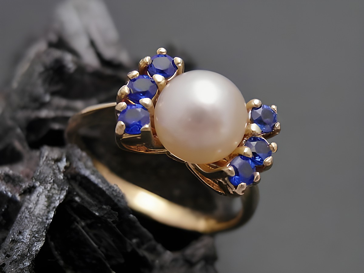 Gold Perlen Ring edel Gr. 54 6,9 mm Zuchtperle mit synthetischem Saphir Gold 333 Hersteller Juwelier Harnisch bis Gr. 54 17,5.