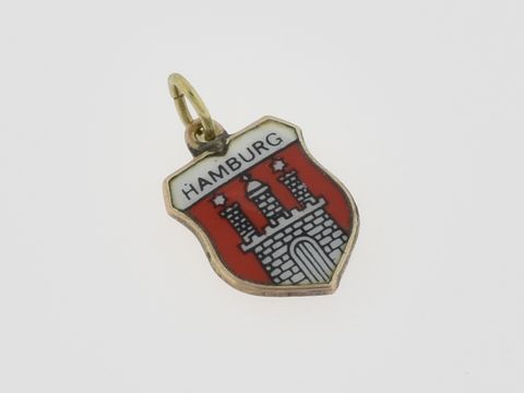 Gold Anhänger mit dem Stadtwappen Hamburg aus 333 Gold, farbig emailliert, Hersteller Juwelier Harnisch, Symbol für Heimatliebe.