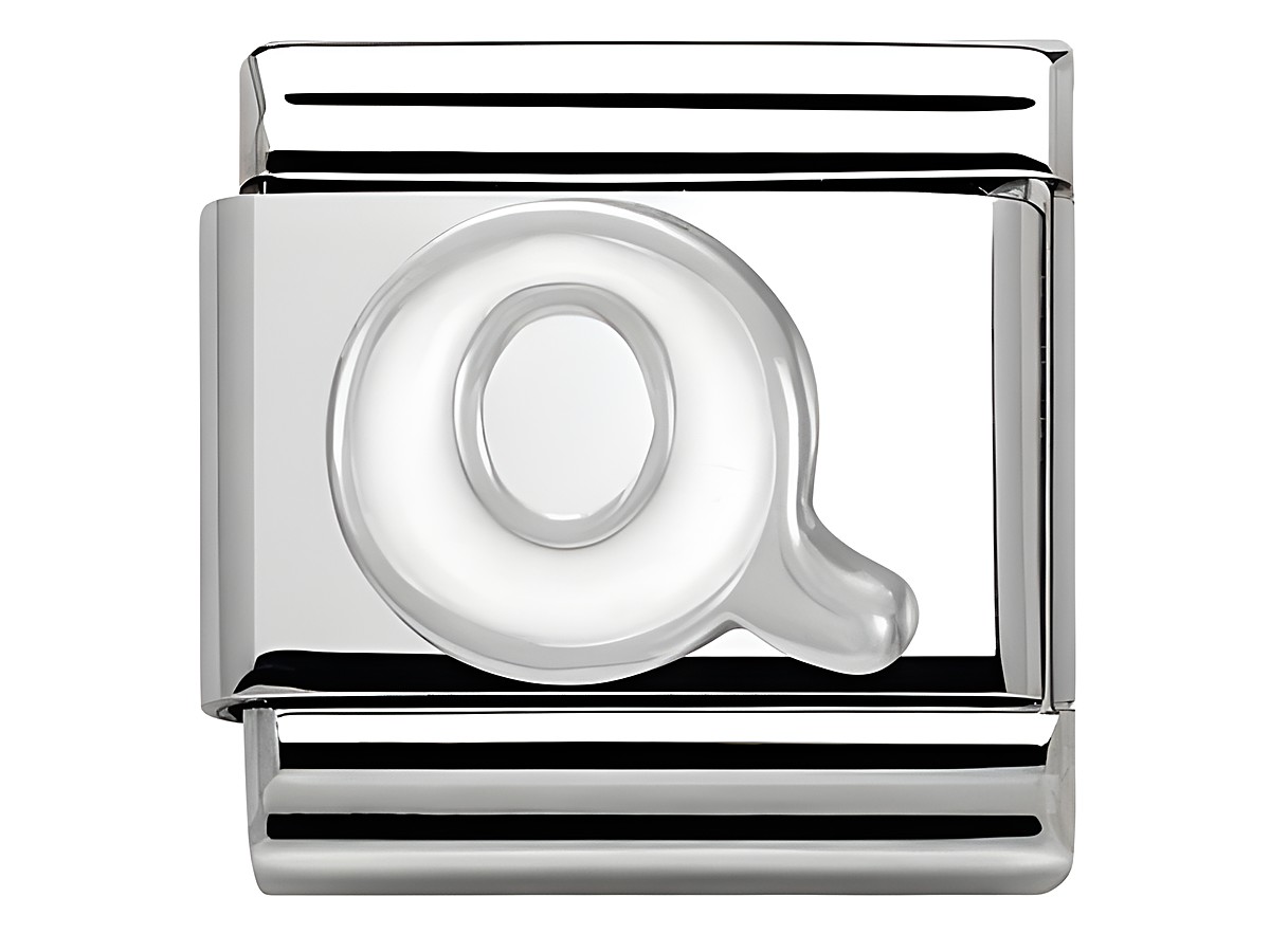 Buchstabe Q aus Emaille in Classic SilverShine von Nomination, stilvoll und glänzend, ideal für individuelle Armbänder und Schmuckdesigns.