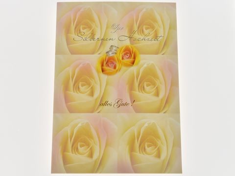 Hochzeitskarte mit zarten Rosen in Gelb und Rosa, geschmückt mit Ringen. Text: Zur Silbernen Hochzeit, alles Gute. Hersteller Juwelier Harnisch, Hochzeitskarten.